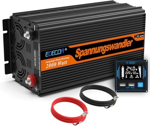 EDECOA Wechselrichter 2000w 24v 230v Spannungswandler mit Neuer Fernbedienung 2X USB und Bildschirm LCD für Sonnenkollektor KFZ Wohnmobi Modifizierte Sinus