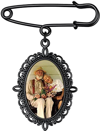 Custom4U Broche Ropa Mujer Fotografía Personalizada Acero Inoxidable 316L Alfiler Negro Flor Pareja Pin Hebilla Camiseta Chaqueta Traje Uniforme Ramo Novia