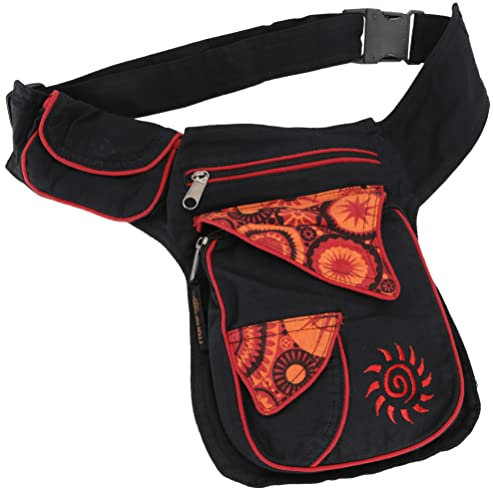 GURU SHOP Stoff Sidebag & Gürteltasche, Goa Hüfttasche, Bauchtasche mit Stickerei Sonne - Schwarz/rot, Unisex - Erwachsene, Baumwolle, 25x20x10 cm
