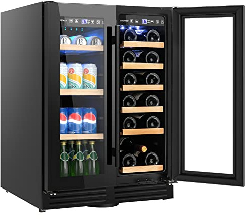 COSTWAY Dual Zone Wine Beverage Refrigerator, 120L Double Door Commercial Bottle Fridge with LED Lights, 2 Independent Control Zones, Removable Shelves & Safety Lock, Bar Beer Drink Fridge (Black)