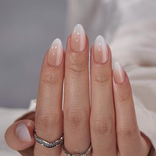 Almond Press On Nails Medium - BTArtbox Soft Gel Ombre Fake Nails with Nail Glue, Semi-Transparent Reusable Glue On Nails in 16 Sizes - 32PCS Stick On Nails Kit, Vanilla Cream Almond