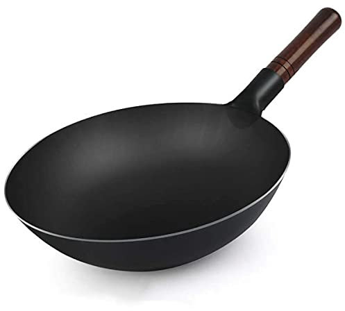 COTBY Hand Hammered Wrought Iron Pow Wok Pan Stir-Fry Pan with Iron Shovel, Traditional Pre-Seasoned Round Bottom Wok, Asian Cuisine Wok, Earless,32cm/ 13 inch ()