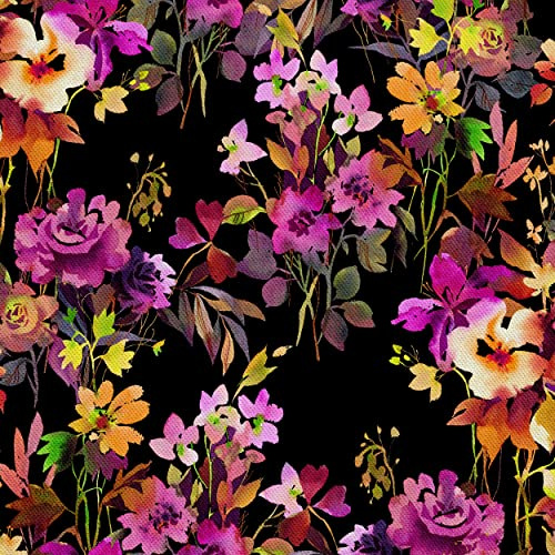 HEKO PANELS Stoff Oxford Meterware Canvas-Stoff Polyester Zum Nähen Nähstoffe Möbelstoffe Dekostoffe Handwerken Wasserabweisend Blickdicht Blumen Schwarz Bunt 1 Meter 155 x 100 cm, DX026