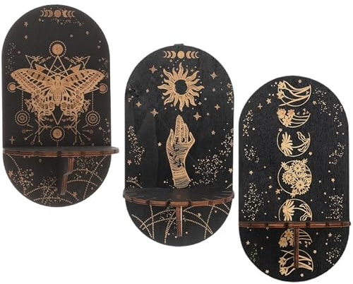 Cabilock 3Stücke Holz Kristall Regal Wand Montiert Kristall Ständer Ätherische Öle Mondphase Regal Mond Sonne Heilsteine ​​Halter Boho Für Wohnzimmer