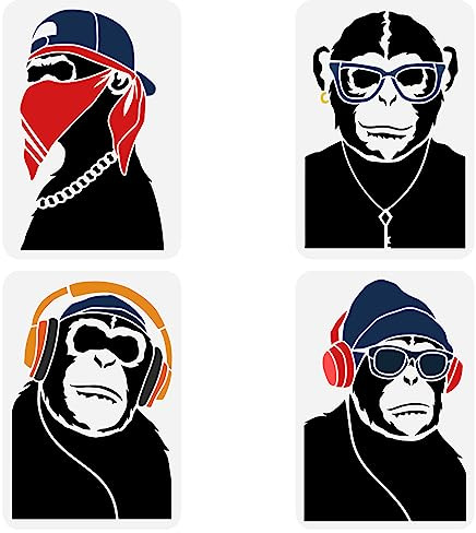 FINGERINSPIRE 4 Stück 4 Stile Hiphop Schimpansen Schablone 21x29.7 cm Orang Utan Muster Zeichenvorlage Gorilla Mit Kopfhörer Affen Zum Malen An Der Wand DIY Heimdekoration
