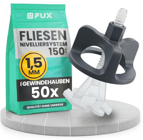 FUX Fliesen Nivelliersystem 1,5mm Set - 50 Zughauben + 100 Gewindelaschen | Set 1,5mm Komplett, Fliesen verlegen wie ein Profi, Einfache Anwendung, Leichtes Entfernen plus Wiederverwendung
