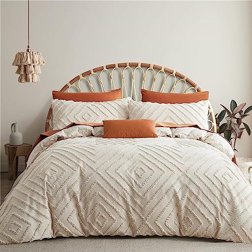Tospass Housse de Couette Tuftée 200x200cm 2 Personne Adulte Rayée Broderie Beige Parure de Lit Bohème Style Linge de lit Géométrique Réversible avec Fermeture Éclair avec 2 Taies d'oreiller 65x65cm