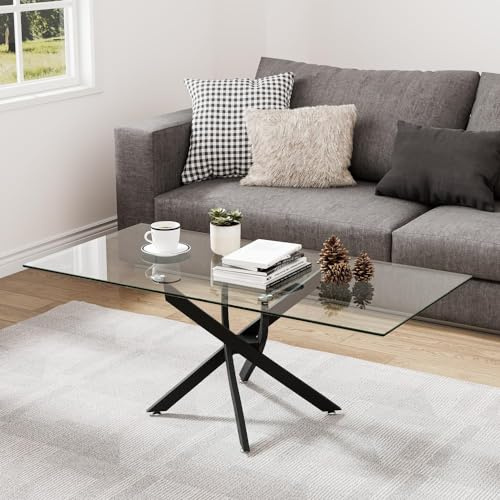 NIERN Tempered Glass Coffee Table with Metal Legs, Rectangle Modern Living Room Table for Home Office Living Room (Black, 40” x 20” x 17”)