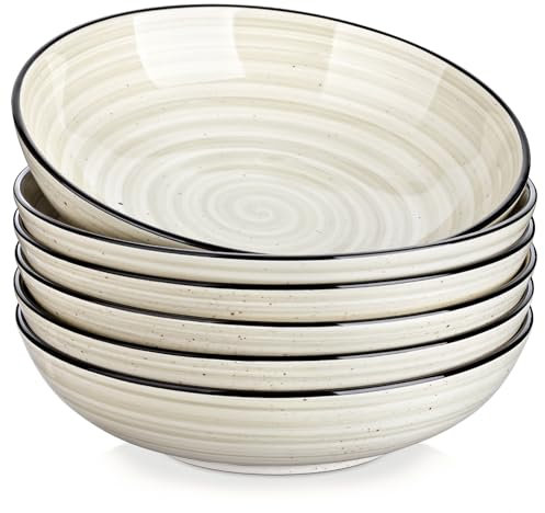 vancasso BONBON Cuencos de Pasta Set de 6, 21,7 x 5,5 cm Plato Hondo Sopa de Gres, Tazón de Pasta de 38 oz, Fuente Ensaladera Grande, Apto para Lavavajillas y Microondas, Pintada a Mano