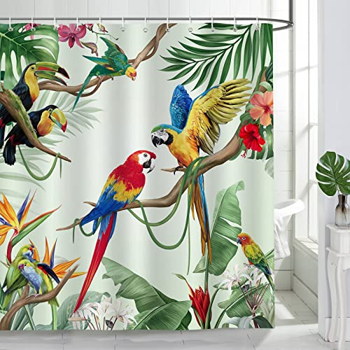Bonhause Tenda Doccia Uccelli Pappagallo Tucano Foglie Verdi Tropicali Tende per Doccia in Poliestere Impermeabile Antimuffa Lavabile Tende Bagno 180 x 200 cm con 12 Ganci