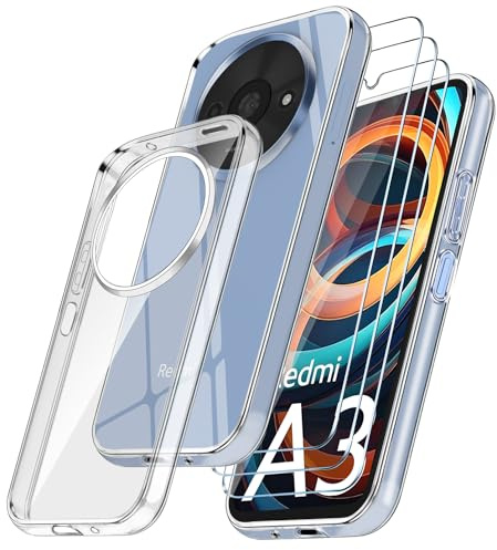 Funda Compatible con Xiaomi Redmi A3, Carcasa con 3 Piezas Cristal Templado Protector de Pantalla, Transparente y Suave TPU Case, Anti-arañazos y Anti-Choque Caso