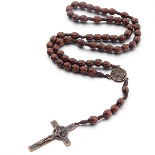 EYVRPAU Collier Chapelet Croix Catholique, Chapelet Chrétien, Perles de Prière en Bois Naturel avec Médaille Jésus Christ Saint Benoît, pour Catholiques, Communion Religieuse, Baptême, Messe, Bible