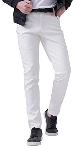 DUHENWU Jean en cuir synthétique pour homme - Effet mouillé - Long - Coupe ajustée - Confortable - Stretch - Noir - Pantalon de motard - Avec poches - Brillant - Coupe-vent, O blanc., XL