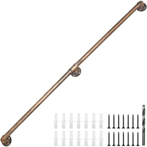 Wall Handrail 8FT,Industrial Staircase Railing 1.25 Inch Tube Diameter | Galvanized Pipe Handrail,Handrails for Indoor Stairs with Wall Mount Support for Indoor, Outdoor,Antique Brass