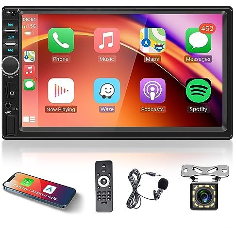 Rimoody 7 Inch Double Din Carplay Car Stereo Android Auto, 2 Din HD Touchscreen Car Radio with Car Play Android Auto Mirror Link, Backup Camera, Bluetooth, FM, EQ SWC/USB/TF/AUX Remote Control