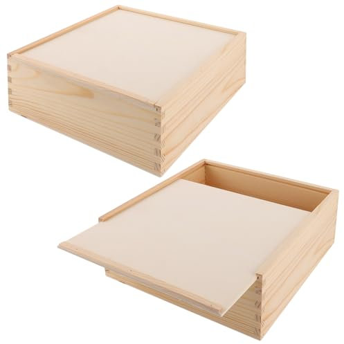 SHUESS 2 Stücke Schiebekiste aus Birkensperrholz, 200x200x80mm Holzkiste mit Deckel, Holzkiste Mit Schiebedeckel, Vielseitige Holzbox für Aufbewahrung, Werkzeugkiste