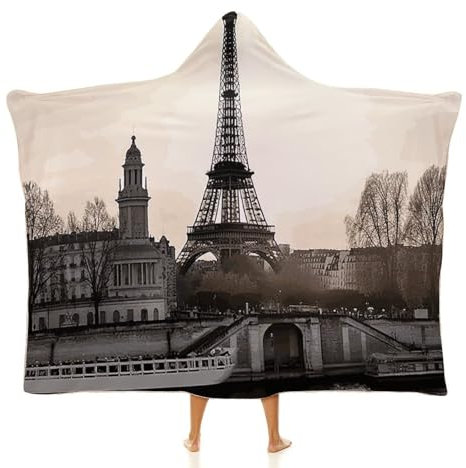 Tragbare Decke, Kapuzenpullover, Reisedecke, Paris, Plüsch, Überwurf, Decke, Poncho-Decke für Damen und Herren, Weiß, 127 x 152,4 cm