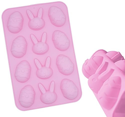 Pink Easter Bunny Silicone Mould, 12 Cavity Egg Shaped Non-Stick Reusable Baking Tray, DIY Chocolate Candy Jelly Fondant Mold for Easter Party Treats, 22.5cm