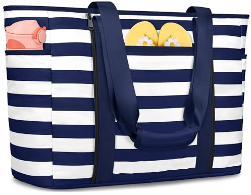 KTUEOV Bolso Playa Mujer, 45L Bolso Playa Grande XXL Familiar con Cremallera, Impermeable Bolso Piscina Mujer Plegable Compartimento para Artículos Mojados Para Viajes, Picnic, Vacaciones