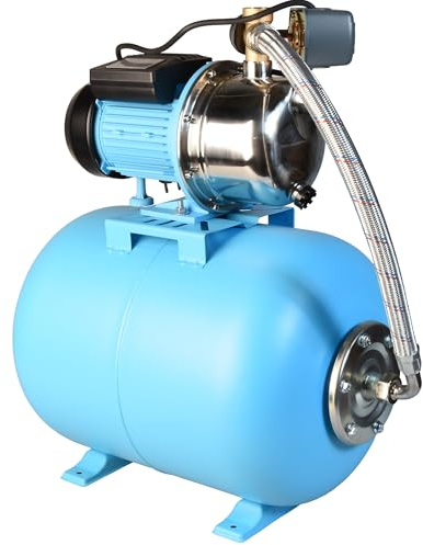 Groupe de surpression JX 1100 (1100 W, Débit max. 3600 l/h, Hauteur de refoulement 50 m, Pression 5 bar) - Pompe à Eau JX 1100 INOX avec Réservoir de Pression 50 L - pour Arrosage Pelouse, Jardin