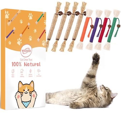 WOUSEDO 8 Pack Catnip Chew Toys for Cats,Cotton Sisal Rope Toys,Cat Natural Silvervine Sticks,for Cat Teeth Cleaning and Dental Care,Interactive Toy for Bored Indoor Cats