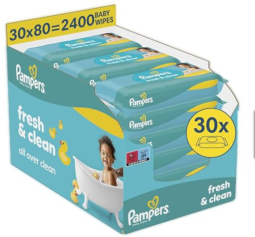 Pampers Fresh Clean Wet Wipes 30 Packs of 80, 2400 Wet Wipes, Mild Fragrance, Also Suitable for Hands and Face