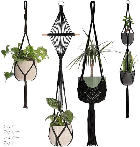 Makramee Blumenampel Hängend Innen, 4er Set Bohemian Deko Makramee Hängeampel mit Haken, Baumwollseil Blumentopf Hängend, Bohemian Zimmer Deko Aesthetic, Hängepflanzen Topf für Balkon Fenster Deko (C)