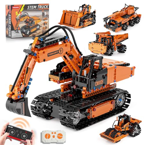 5in1 STEM Building Kits for Kids, STEM Building Toys for Kid, Remote & APP Controlled Excavator/Crane/Bulldozer/Road Roller/Dump Trucks Building Blocks Set for Boys Girls Birthday Xmas Idea Gifts
