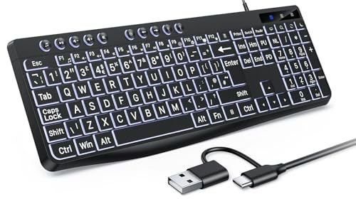 OMOTON Large Print Backlit Keyboard with Dual Interface (USB-C & USB) | White Backlight for Easier Typing | Compatible with Windows PC & Laptop | Full Size Wired Keyboard with Dual Interface