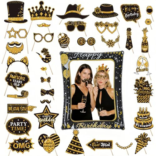 39Pcs Birthday Photo Booth Props Party Supplies, 1 Black Gold Inflatable Selfie Frame & 38 Photo Booth Props for Men Women, Photo Booth Props Decoration for Girls Boys Birthday Party