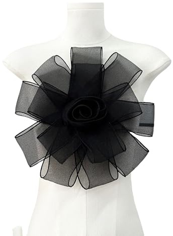WANYI Ansteckblume Blumen Applique Spitzenapplikation Fascinator Tüll Schleier Vintage Stirnband DIY Applikation für Kleidung Nähen Dekoration 30x30CM(Schwarz)