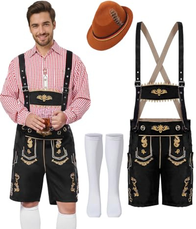 Solorass Lederhose Herren Tracht Set Oktoberfest Herren Outfit Trachtenhose Trachtenset Komplett Bayrische Kostüm mit Lederhose, Socken, Hut für Cosplay Party Karneval (Schwarz, L)