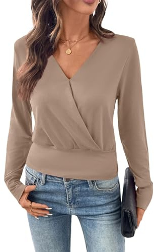 EVALESS Womens Tops Dressy Casual Wrap V Neck Long Sleeve Blouses Spring Shirts Trendy 2026 Dark Khaki M