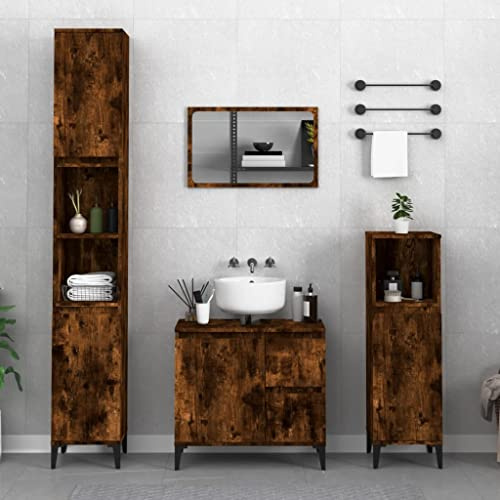 QJBSAVVA Ensemble de 3 meubles de salle de bain en bois de chêne fumé avec pieds en métal, meuble sous lavabo 65 x 33 x 60 cm et armoires sur pied, design moderne pour salle de bain