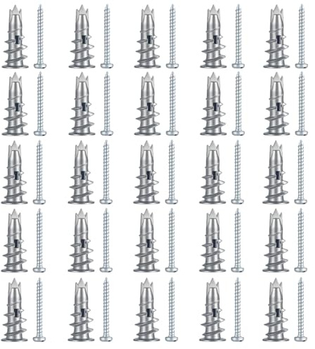 25 Pcs Heavy Duty Plasterboard Fixings Metal Plaster Board Wall Plug with Screws Self Drill Drywall Fixings Cavity Raw Plugs Self-Drilling Anchors Dry Wall Anchor for Stone Concrete Composite Boards