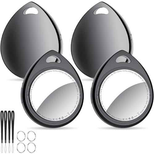 QCOQ® Air Locator Tags 4 Pack Black, Smart Bluetooth Tags Compatible with Apple Find My (iOS Only), Item Tracker with Keychain/Lanyard for Keys, Wallets, Luggage, Suitcases, Up to 100dB