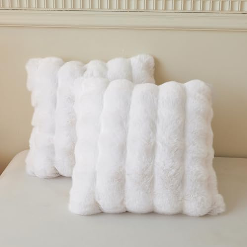 LIFEREVO Fluffy Faux Rabbit Fur Cushion Covers 45x45cm Set of 2, White | Soft Plush Bubble Throw Pillow Covers with Zipper, Decortaive Fuzzy Shaggy Square Pillow Shams for Bedroom Living Room Office