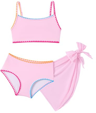 Arshiner Girls 3 Piece Bikini with Sarong Kids Bikini Set with Wrap Skirt Cover Up Sporty Crop Top High Waisted Bottoms Summer Swimwear for Beach Pool 7-8 Years Pink