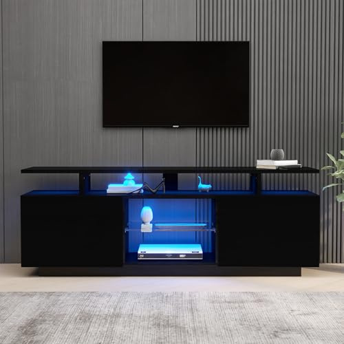 Meuble TV Noir 140 Cm Longueur Portes Laquées Rangement Ouvert Éclairage LED Commande Application USB Meuble Télé Design Table TV pour Salon Moderne