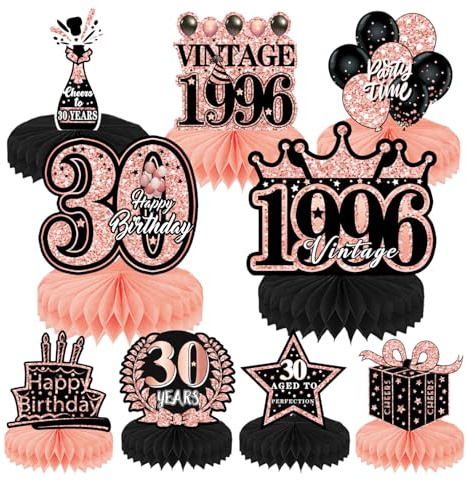 Bubaxuce 9 Pezzi Decorazioni per Il 30° Compleanno, Centrotavola A Nido D’Ape per Donne, Decorazioni Rosa Gold E Rosa per La Festa di 30 Anni, Accessori Vintage per La Ta