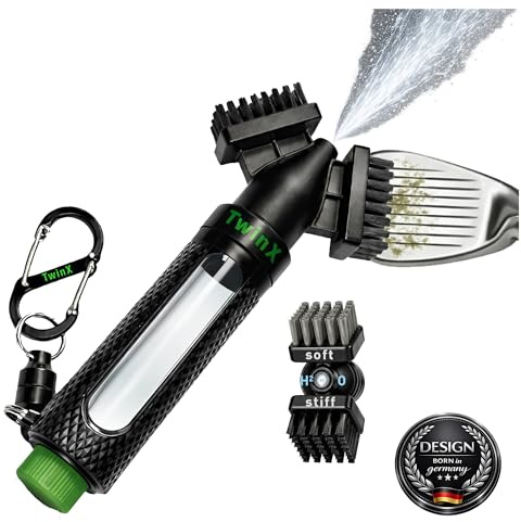 TwinX Premium Golfbürste mit Wassertank & Sprühfunktion Dual-Borstensystem für alle Golfschläger Bürste für Schlägerreinigung CaddieMag & Karabiner für Golftasche Golf Zubehör | Precision Dual Brush System
