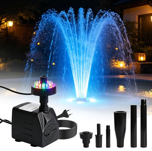Springbrunnenpumpe Aussen mit LED, RGB Teichpumpe für Außen mit 5M Kabel, Aquarium Pumpe Leise mit 12 LED Licht, 2 Düsen & 4 Wechselnden Farben für Gartenteich, Fischteich, Wasserfall