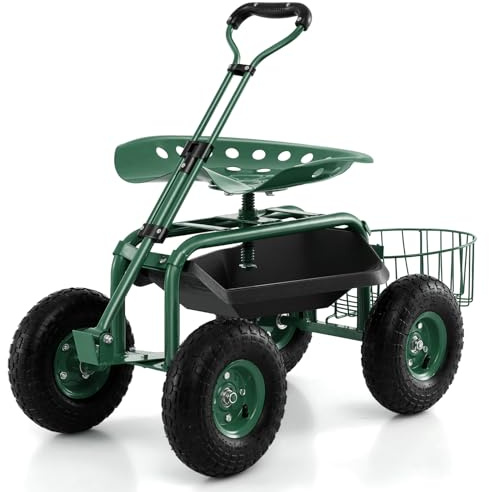 GYMAX Gartenhocker mit Rollen, Gartenwagen mit Verstellbarer Sitzhöhe, ausziehbarem Griff & Aufbewahrungskorb, Rollsitz für Gartenarbeit, Arbeitssitz Gartensitz Grün