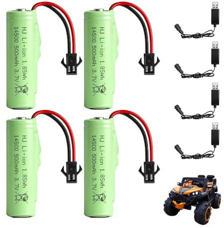 Wxeadu 4 Stück 500mAh 3.7V Li-ion Akku, 3.7 Volt RC Akku mit UBS Ladekabel SM-2P Stecker,Wiederaufladbare RC Batterie, 3.7V Li-ion Power Ersatz Akku für Ferngesteuertes Auto/Boote/Panzer/Autos (4)