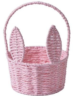 Cesta de Pascua con asa, mimbre trenzado, orejas de conejo, cesta de pícnic para decoración de paja, huevos de Pascua, dulces, recipiente adecuado para accesorios de fiesta (A, talla única)