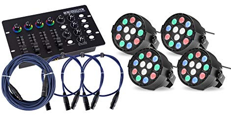 4x Showlite SPS-121 LED Smart Party Spot (3 rote, 3 grüne, 3 blaue und 3 weiße LEDs mit je 1 Watt Leistung, DMX Controller mit extra Farbdrehreglern, inkl. 3x 1m und 1x 10m DMX-Kabel) Schwarz