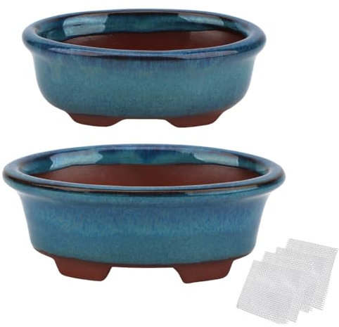 happy bonsai Small Glazed Pots, Value Pack of 2 + 4 Soft Mesh Drainage Screens
