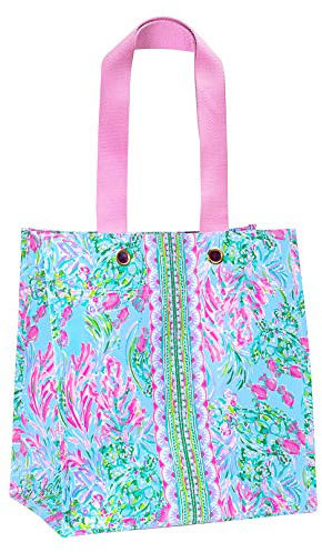 Lilly Pulitzer Pink/Blue Market Shopper Bag, Reusable Grocery Tote with Comfortable Shoulder Straps, Best Fishes