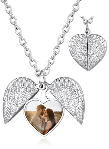 Custom4U Personalised Locket Necklace - Photo Heart Pendant Necklaces with Picture and Text Engraving, Customised Memory Jewelry Gifts for Women Mum Girlfriend