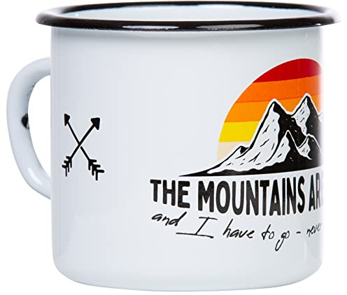 MUGSY Emaille Tasse, Mountains are calling, 330ml, Berg Motiv, für Outdoor Fans, bruchfest, weiß